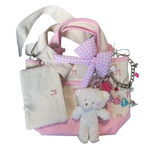 TikTok VIRAL Madden Girl Mini Tote Pink Canvas Bow Bag with Charm & Pouch NWT